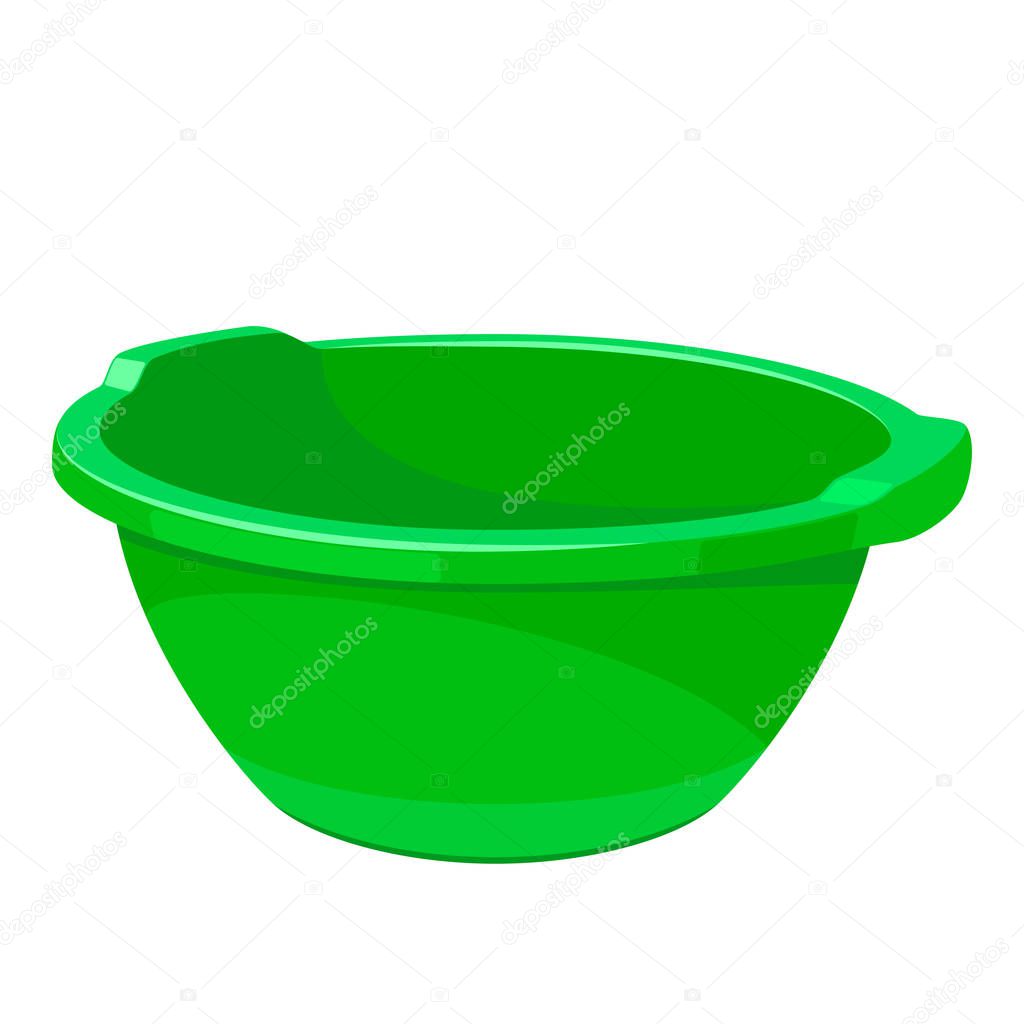 Green plastic empty wash basin. Water tank for washing clothes, dishes and cleaning. Isolated on white background. EPS10 vector illustration.