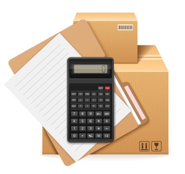 Two cardboard boxes, folder, form and calculator. clipart