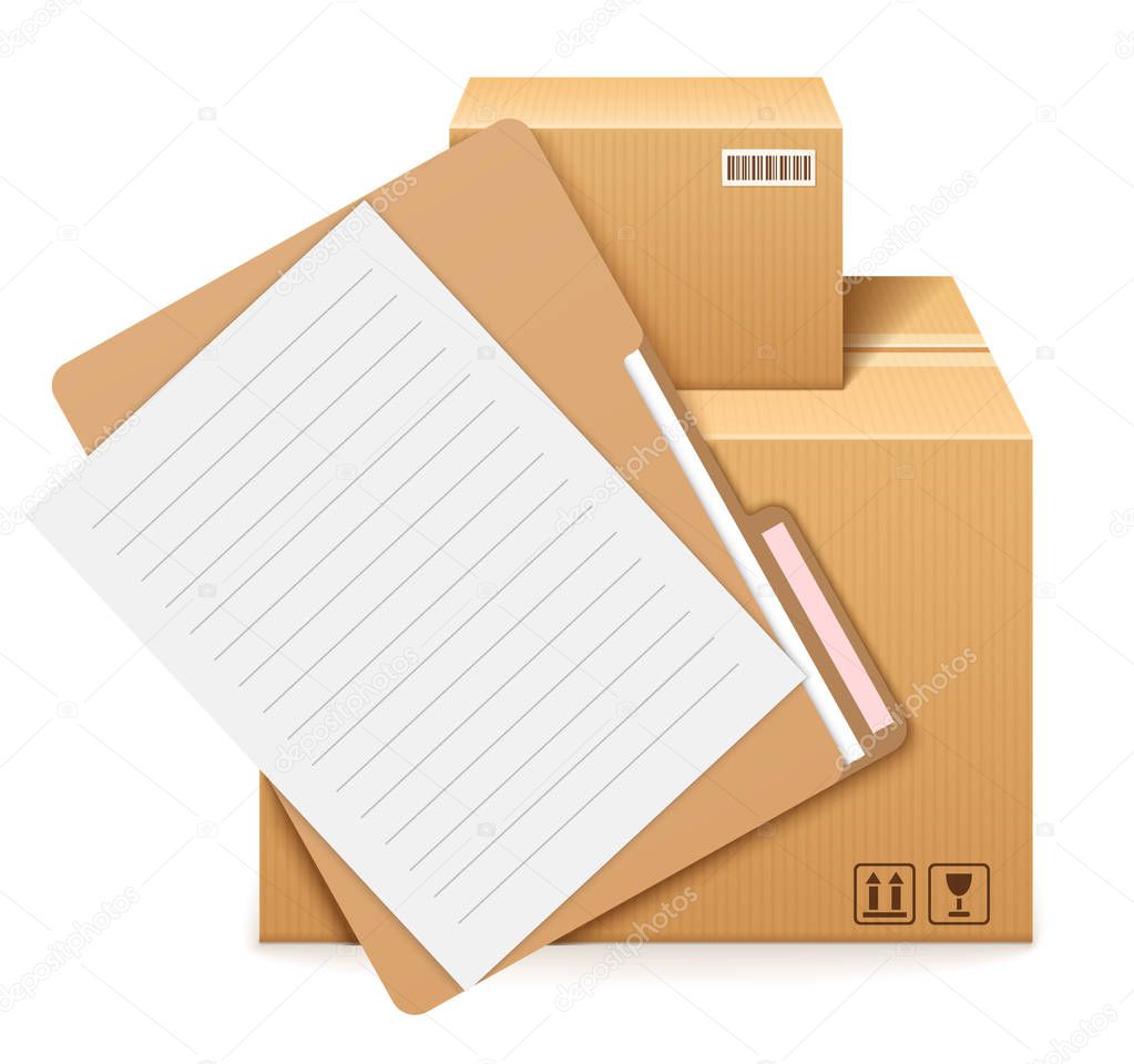 Two cardboard boxes, folder and form.