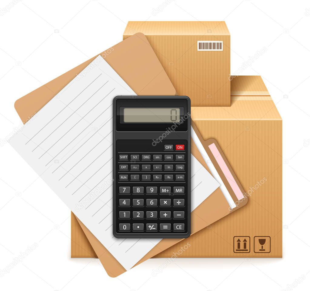 Two cardboard boxes, folder, form and calculator.