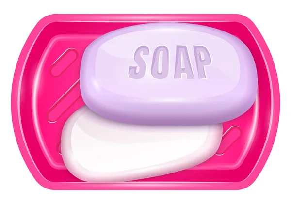 Dos barra de jabón púrpura fragante en el lavabo de plástico rosa . — Archivo Imágenes Vectoriales