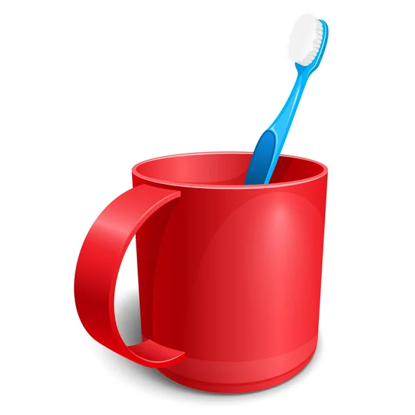 Taza de plástico rojo con cepillo de dientes azul Vector ilustración . — Archivo Imágenes Vectoriales