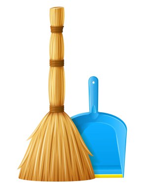 Çöp temizlik için süpürge ile gerçekçi mavi plastik faraş.