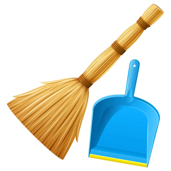Paletta realistica in plastica blu con scopa per la pulizia della spazzatura . — Vettoriale Stock
