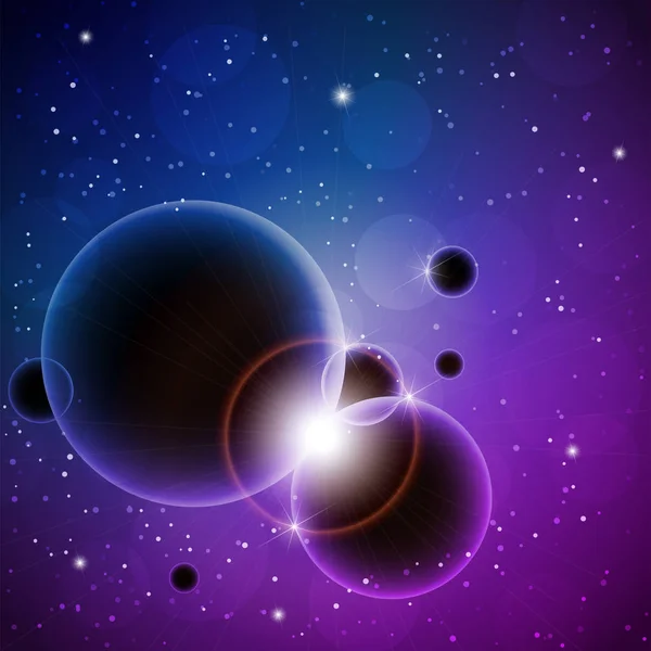 Utrymme bakgrund med planeter, stjärnor och lysande strålar. Vektor. — Stock vektor