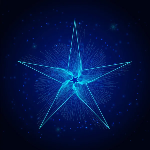 Estrella de neón azul de líneas, espirógrafo. Fondo oscuro abstracto . — Vector de stock