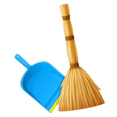 Çöp temizlik için süpürge ile gerçekçi mavi plastik faraş.