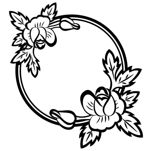Marco decorativo de flores redondas con rosas en blanco y negro. Vector — Vector de stock