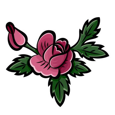 Siyah vuruş ile pembe gül, tomurcuk ve yeşil yaprakları buket.