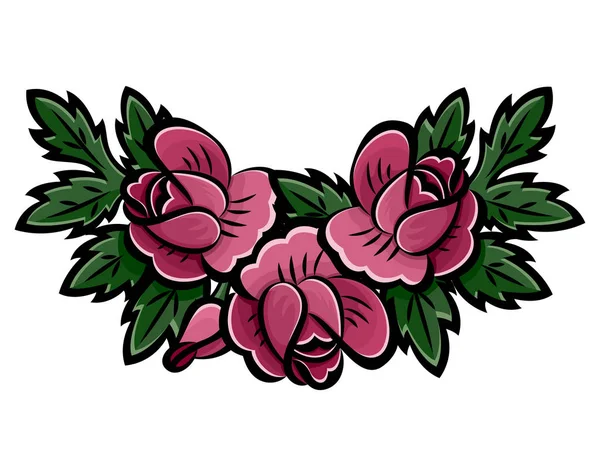 Corona de rosas rosadas, brotes y hojas verdes con trazo negro . — Vector de stock