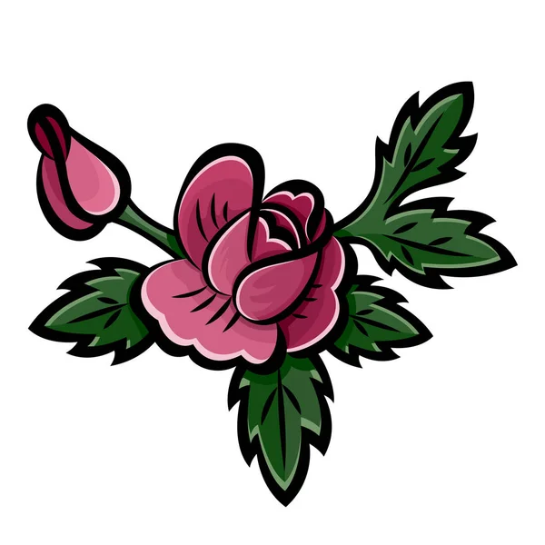 Ramo de rosas rosadas, brotes y hojas verdes con trazo negro . — Vector de stock
