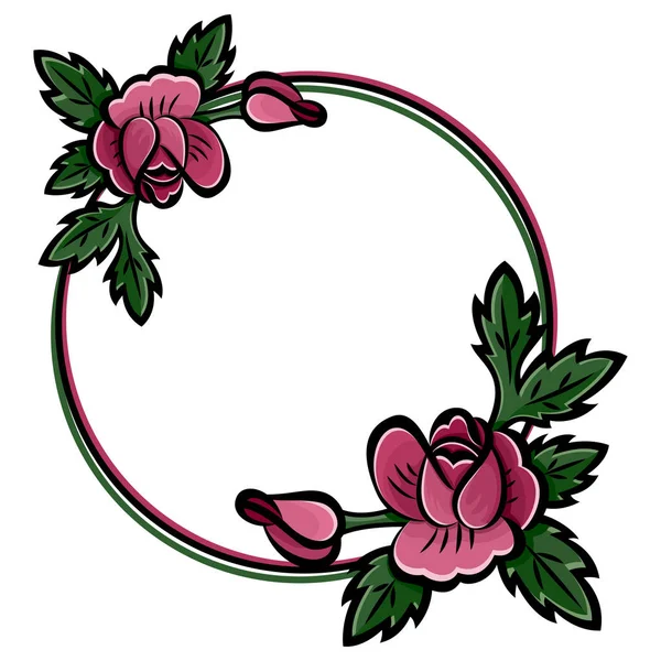 Marco decorativo de flores redondas con rosas rosadas, brotes y verde . — Vector de stock