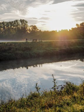 Puslu sabah manzara Dijle nehir ve Mechelen Marsh Doğa Parkı ile pastoral bir tezgah Muizen, Belçika