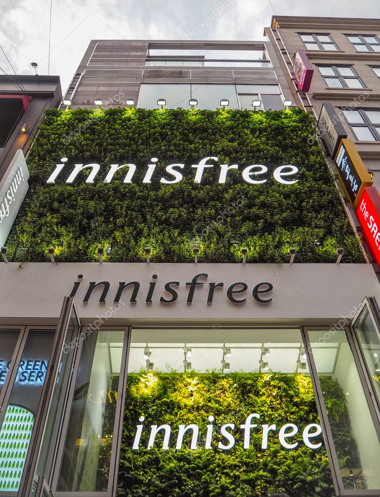 October 2018 - Seoul, South Korea: Large store of the South Korean skincare brand Innisfree in Seoul's main shopping area Myeong-dong