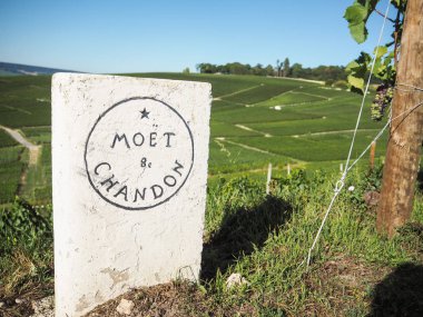 Champagne - Ardenne, Fransa - Ağustos 2017: Diğer alanları Marne Vadisi'nde bakan Hautvillers üzüm bağları yanındaki Moet Chandon ve yol kenarına yerleştirilen işaretini