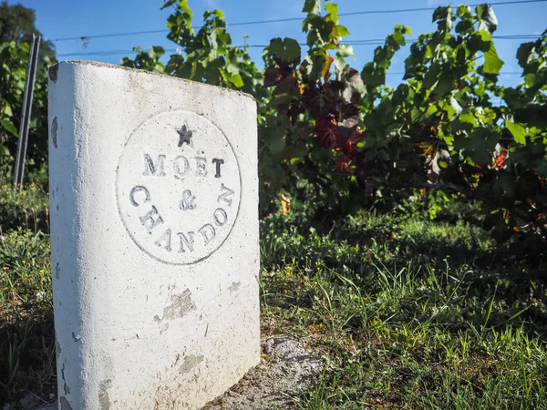 Champagne - Ardenne, Fransa - Ağustos 2017: Diğer alanları Marne Vadisi'nde bakan Hautvillers üzüm bağları yanındaki Moet Chandon ve yol kenarına yerleştirilen işaretini
