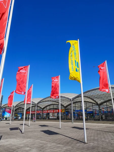 Hannover, Germany - April 2019: Entrance of the Hannover Messe 2019 edition with Sweden as oartner country — Stock Photo, Image