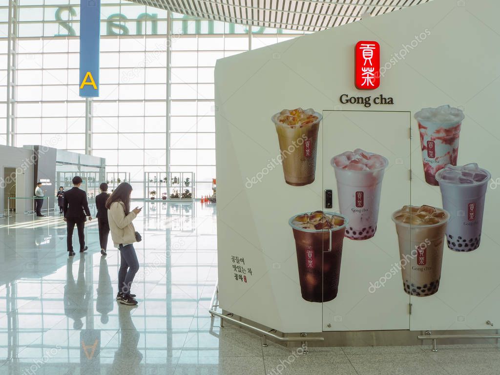 March 2019 - South Korea: Store front of a Taiwanese Gong Cha bubble tea franchise shop at the Incheon International Airport