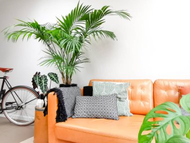 Kahverengi deri kanepe ve kentsel bir orman yaratan çok sayıda houseplants ile Hafif modern oturma odası