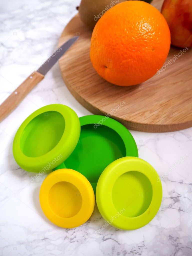 Set of reusable silicone food wraps for cut fruits and leftovers in a zero waste lifestyle