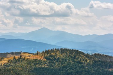 Bir dağlar, çam ormanları ve bulutlu bir gökyüzü.