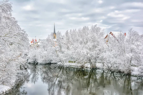 Winter Landscape Snow Covered Trees Buildings River Bank — Stock Photo, Image