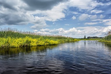 Üstündeki bulutlar ile nehir banka, mavi gökyüzü güneşli gün.