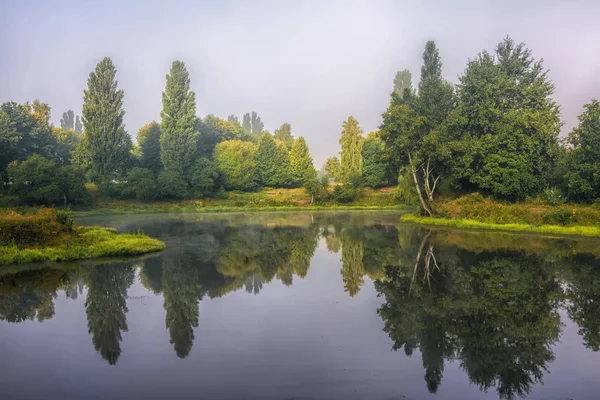 Shore Small River Morning Trees Reflected Water — Stock Photo, Image