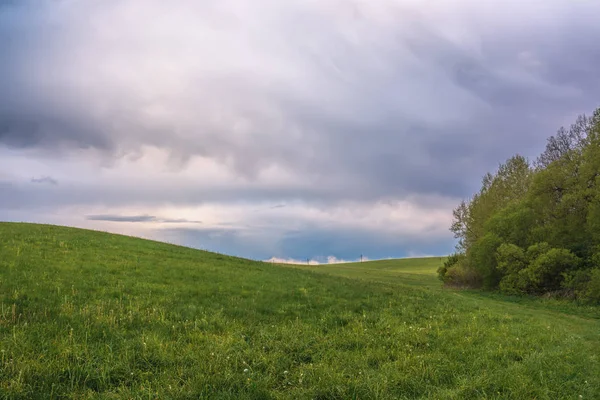Paisagem Rural Prados Floresta Com Nuvens Tempestade Sobre Eles — Fotografia de Stock