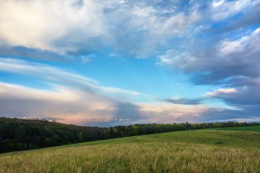 Bulutların üzerinde çayır ve günbatımı woods ile mavi gökyüzü.