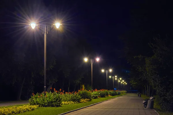 Gece Parkındaki Kaldırımlar Banklar Çiçek Yataklarının Olduğu Sokak Fenerlerle Aydınlatılıyor — Stok fotoğraf