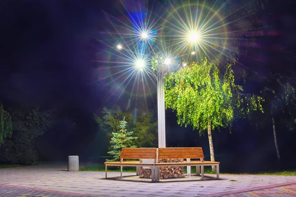Beco Parque Noturno Com Pavimento Bancos Canteiros Iluminado Com Lanternas — Fotografia de Stock