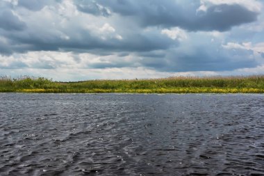 Sazlıklarla nehir kıyısında fırtına bulutları.