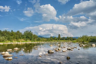Kıyısında ağaçlar ve gök gürültülü bulutlar olan dağ nehri..