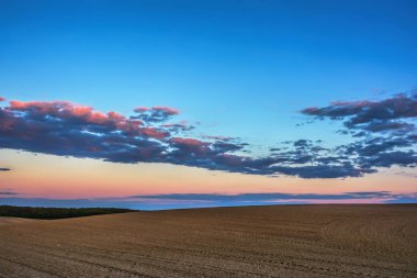 Akşam kırsal manzarası - mavi gökyüzü ve gün batımında saban tarlaları üzerinde bulutlar.