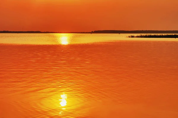 Tramonto Sul Lago Acqua Color Oro Raggi Del Sole — Foto Stock