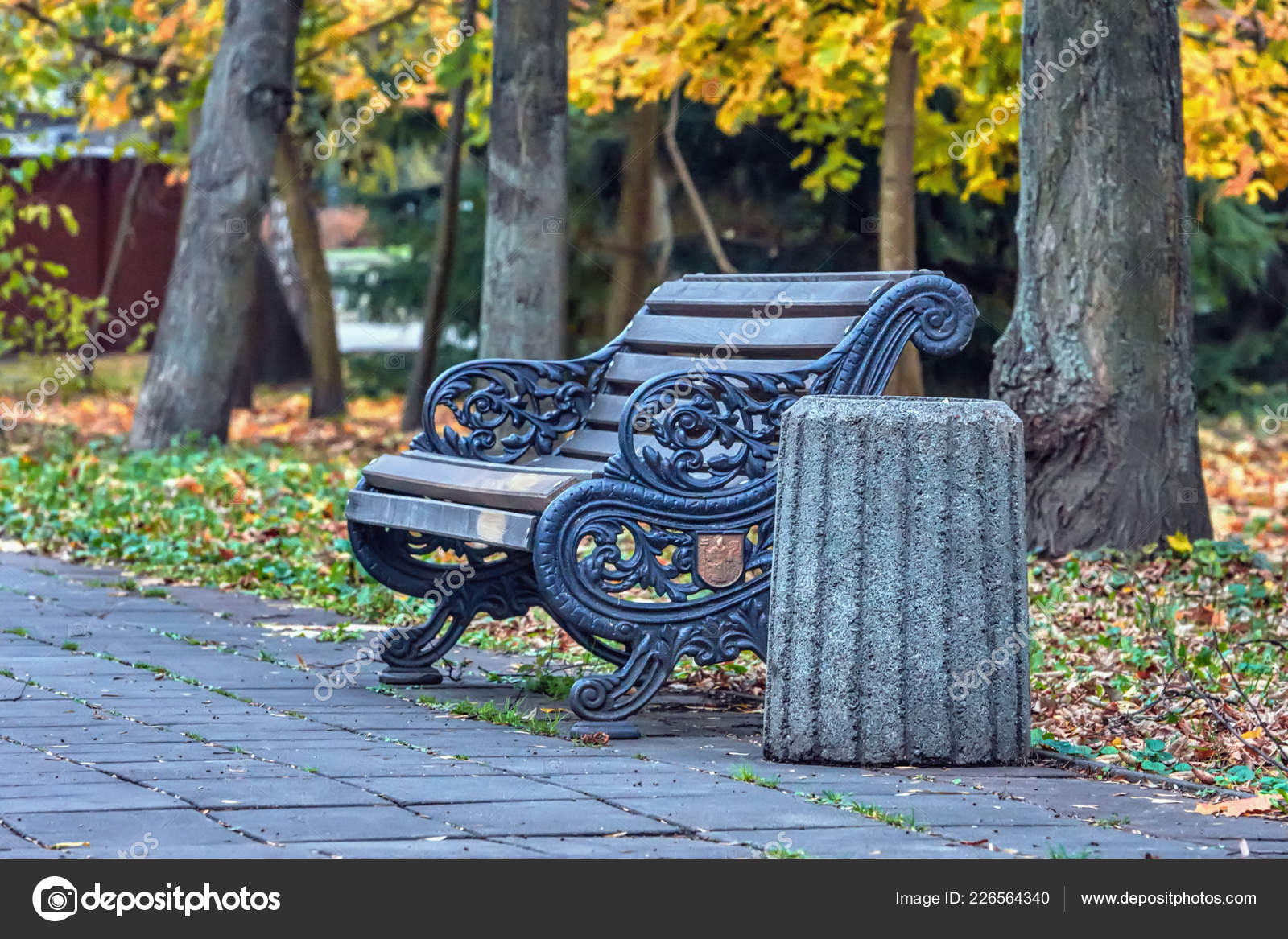 Bench Garbage Bin Autumn Park Stock Photo C Biktop 226564340