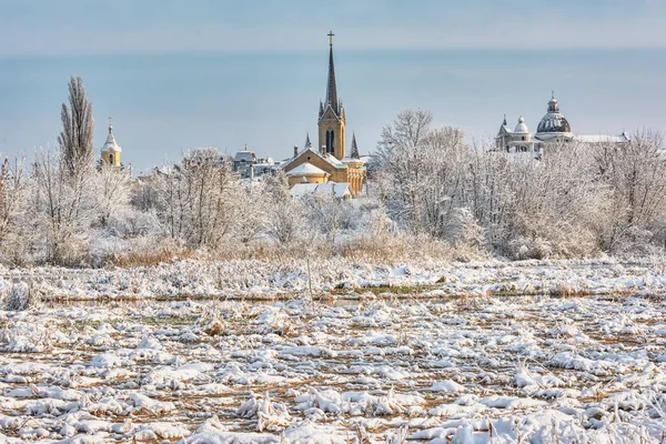 Pejzaż Zimowy Kościoły Świątynie Brzegu Rzeki Łuck Ukraina — Zdjęcie stockowe