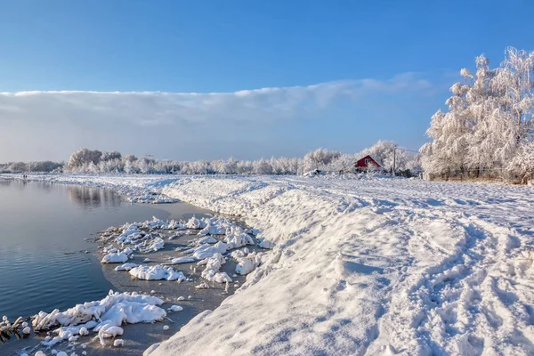 Берег Реки Деревья Домом Покрыты Снегом Солнечный День Голубое Небо — стоковое фото