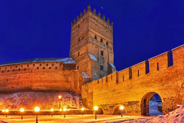 Nightly winter medieval castle in the city of Lutsk (Ukraine).