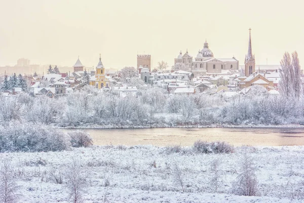 Зимний Пейзаж Церкви Храмы Берегу Реки Луцк Украина — стоковое фото