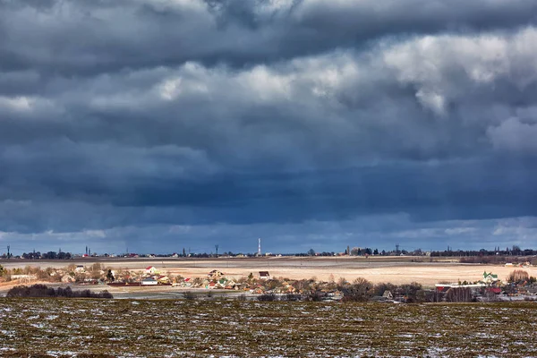 Winter Rural Landscape Agricultural Fields Village Storm Clouds Blue Sky — Stock Photo, Image