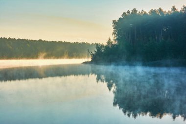 Göl üzerinde gündoğumu. Göl üzerinde orman ağaçları ve sis siluetleri.