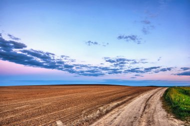 Akşam kırsal manzarası - gün batımında bulutlu mavi gökyüzü tarlalar ve toprak yol üzerinde.