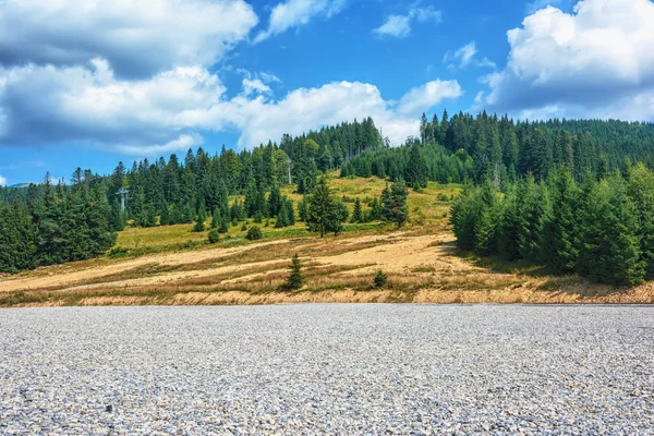 Mountains Forests Sky Clouds Area Gravel Bottom — Stock Photo, Image