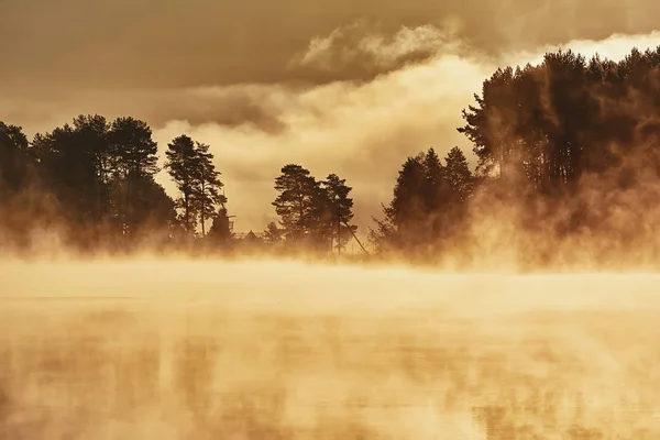 Sonnenaufgang Über Dem See Dichter Nebel Silhouetten Von Bäumen — Stockfoto