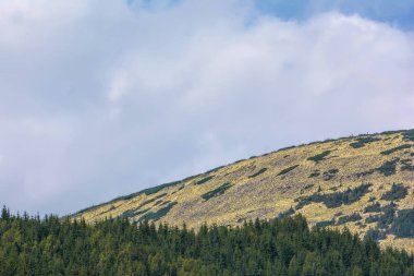 Dağlar, ormanlar ve bulutlu gökyüzü.