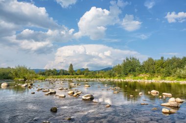 Kıyıda ağaçlarla dağ nehri ve bulutlarla gökyüzü.