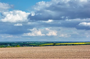 Kırsal manzara - sürülmüş alan, tecavüz, çayır ve orman mavi gökyüzü ve bulutlar onlar üzerinde.