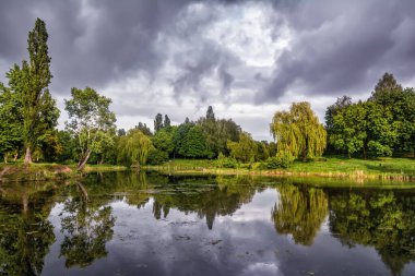 Yaz manzarası - üzerinde ağaçlar, çimenler ve fırtına bulutları olan nehir kıyısı.